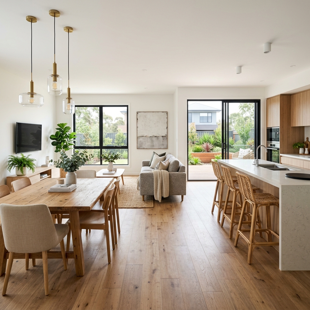 Light-filled open plan architectural living space representative of Krish listings
